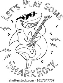 Let's play some shark rock text. Cool fish with electric guitar and music notes. Vector outline isolated on white background