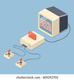 Juguemos el concepto de videojuegos. Consola retro con equipo de tv y controladores joystick. Isometric vector ilustración