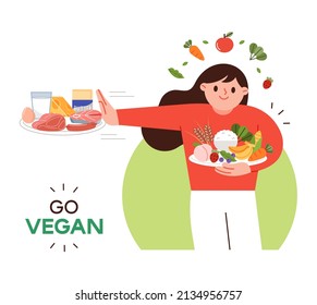 Let's practice veganism! Woman choosing plant food instead of animal food.