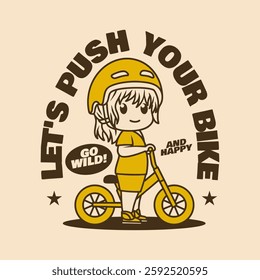 Let's push your bike. The Chibi kawaii character of a little girl riding a balance bike or push bike