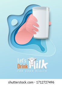 Let's raise a glass to drink milk, the concept of health care by drinking milk, art style paper cut, vector illustration and design. 