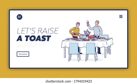 Let's raise a toast template for website landing page with males standing at holiday table with wine glasses. Corporate or family celebration concept. Linear vector illustration