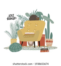 Let's read concept. Modern cartoon living room with furniture and plants. Cozy scandonavoan interior with armchair, many houseplants, books and cat. Flat style vector illustration. Isolated print.