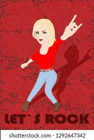 Let`s rock. Blonde rocker girl doing rock sign on red background with scratched texture, grunge. Flat style, vector illustration with noise, marble textured backdrop. Vertical orientation. Isolated.