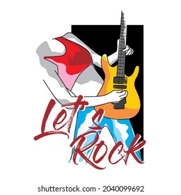 Let's Rock With Female Guitarist Illustration Icon, Typography Illustration