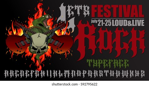 "Lets Rock". Festival invitation typeface poster with flames, crossed guitars, rattle snake and horned skull. Design for rock and biker festivals, t-shirt prints. 