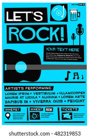 Let's Rock! (Flat Style Vector Illustration Quote Poster Design) Event Invitation with Venue, Artist, Ticket and Time Details