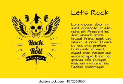 Let's rock forever colorful poster with skull surrounded by wings. Vector illustration of rock and roll symbol on yellow background