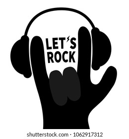 Lets rock. Headphones lightning light. Rock&roll hand finger black silhouette shape icon. Heavy metal gesture horns sign symbol. Music card. Flat design. Isolated. White background Vector illustration