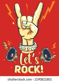 Let's rock - heavy metal hand gesture, rock music colorful design