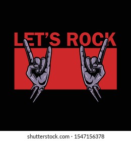 Let's rock illustration. Rock hand skeleton with red background. Rock sign for sticker, emblem, or t-shirt design. Metal fest poster