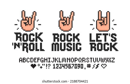 Let's Rock and Rock Music design set in Pixel Art style vector template. Rock n roll festival posters collection for print tee, apparel and poster design. Rock sign gesture symbols or icons