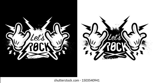 Lets Rock Music Hand sign shirt print for black and white - Vector