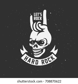 Lets rock music related poster with skull and hand gesture. Creative t-shirt design. Vector vintage illustration.