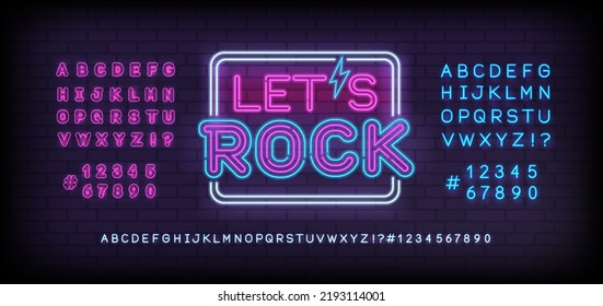 Let's Rock Neon Signboard with type font - editable vector template. Neon tube letters design for Rock music, Light sign. Neon font. Rock n Roll Party in retro 80s - 90s style lettering design