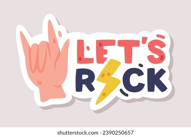 Lets Rock Positive Sticker Design with Horn Sign and Saying Vector Illustration