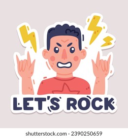 Lets Rock Positive Sticker Design with Man and Saying Vector Illustration