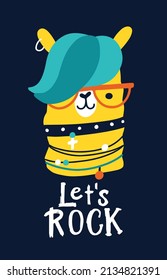 Let's rock. Postcard with lama. Vector cartoon character. Illustration on a dark background for children in the style of funny doodles. Ideal for printing on baby clothes, t-shirts