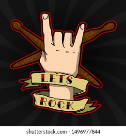 Lets Rock! poster hand with drumstick in tattoo style 