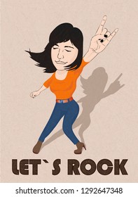 Let`s rock. Pretty rocker girl doing rock sign on light background with scratched texture, grunge. Flat style, vector illustration with noise, marble textured backdrop. Vertical orientation. Isolated.