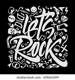 Lets rock print for t-shirt with vintage elements.