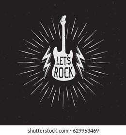 Lets Rock .Prints Emblem With Guitar.Retro Style.Vector Illustration