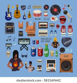 let's rock, retro set, abstract pixel art icons, musical instruments, vector illustration.