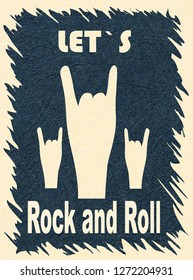 Let`s Rock and Roll. Rock-n-roll hand gesture, horn. Rock festival poster. Stylish template for slogan, poster, flyer. Vector with noise and texture, marble textured backdrop. Vertical orientation.