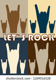 Let`s rock. Set of illustrations gesture rockers on different color backgrounds. Stylish template for slogan, poster, flyer. Vector with noise and texture, marble textured backdrop. Vertical.
