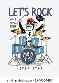 Let's rock slogan with cool monkey playing drums. Vector illustration for t-shirt prints, posters and other uses.