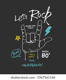 let's rock slogan with hand sign line art on black background