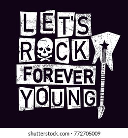 Let's Rock slogan vector for print design.Skull and guitar vector illustration.