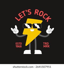 "Let's Rock" style apparel print design in Rock'n'Roll style. Cartoon Rock Music Character concept of cool flas for clothing fashion design and t-shirt prints, stickers, etc. Vector illustration