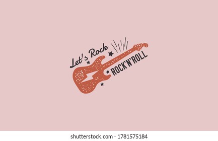 Lets Rock - textured vintage print. Trendy modern rock festival poster design. Electric guitar with stars and light-rays. Print for t-shirt. Vintage logo, retro print for pub, bar. Vector illustration