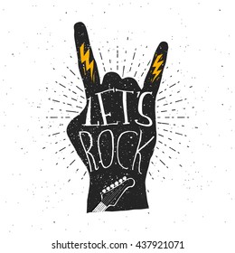 Let's rock typography quote, rocker's gesture with lettering. Lights, guitar, grunge effect on background. vector illustration.