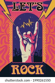 Let's Rock! Vintage Rock Music Poster Stylization, Hand Gesture, Psychedelic Background