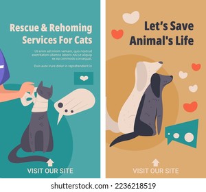 Lets save animals life, rescue and rehoming services for cats and dogs. Caring and health maintenance fo stray feline and canine pets. Veterinary services from volunteers. Vector in flat style