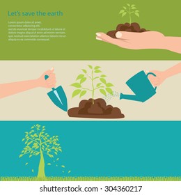 Let's save the earth with green trees, vector illustration.