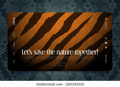 Lets save the nature together landing page with striped tiger fur and snake skin background. Ecological concept for saving animals, wildlife protection, environmental eco community, Vector web banner