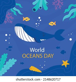 Let's save our oceans. World oceans day design with underwater ocean, dolphin, shark, coral, sea plants, stingray and turtle
