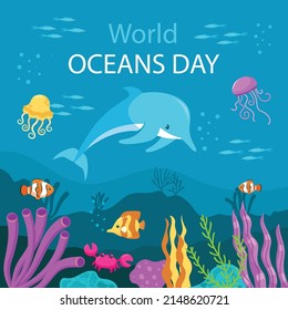 Let's save our oceans. World oceans day design with underwater ocean, dolphin, shark, coral, sea plants, stingray and turtle
