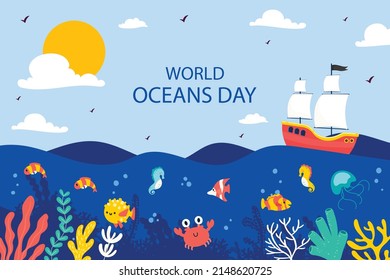Let's save our oceans. World oceans day design with underwater ocean, dolphin, shark, coral, sea plants, stingray and turtle
