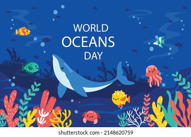 Let's save our oceans. World oceans day design with underwater ocean, dolphin, shark, coral, sea plants, stingray and turtle

