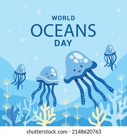 Let's save our oceans. World oceans day design with underwater ocean, dolphin, shark, coral, sea plants, stingray and turtle
