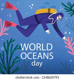 Let's save our oceans. World oceans day design with underwater ocean, dolphin, shark, coral, sea plants, stingray and turtle
