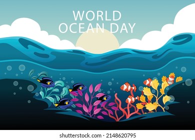 Let's save our oceans. World oceans day design with underwater ocean, dolphin, shark, coral, sea plants, stingray and turtle
