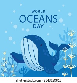 Let's save our oceans. World oceans day design with underwater ocean, dolphin, shark, coral, sea plants, stingray and turtle
