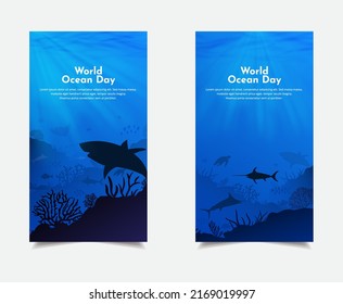 Let's save our oceans. World oceans day design template stories collection.