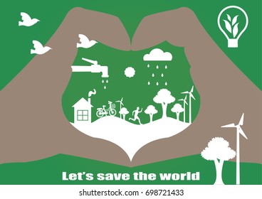 Let's save the world. Vector ecology. Concept hands heart.