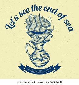 Let's see the end of sea label design with drawn dotwork ship and pitcher at the centre